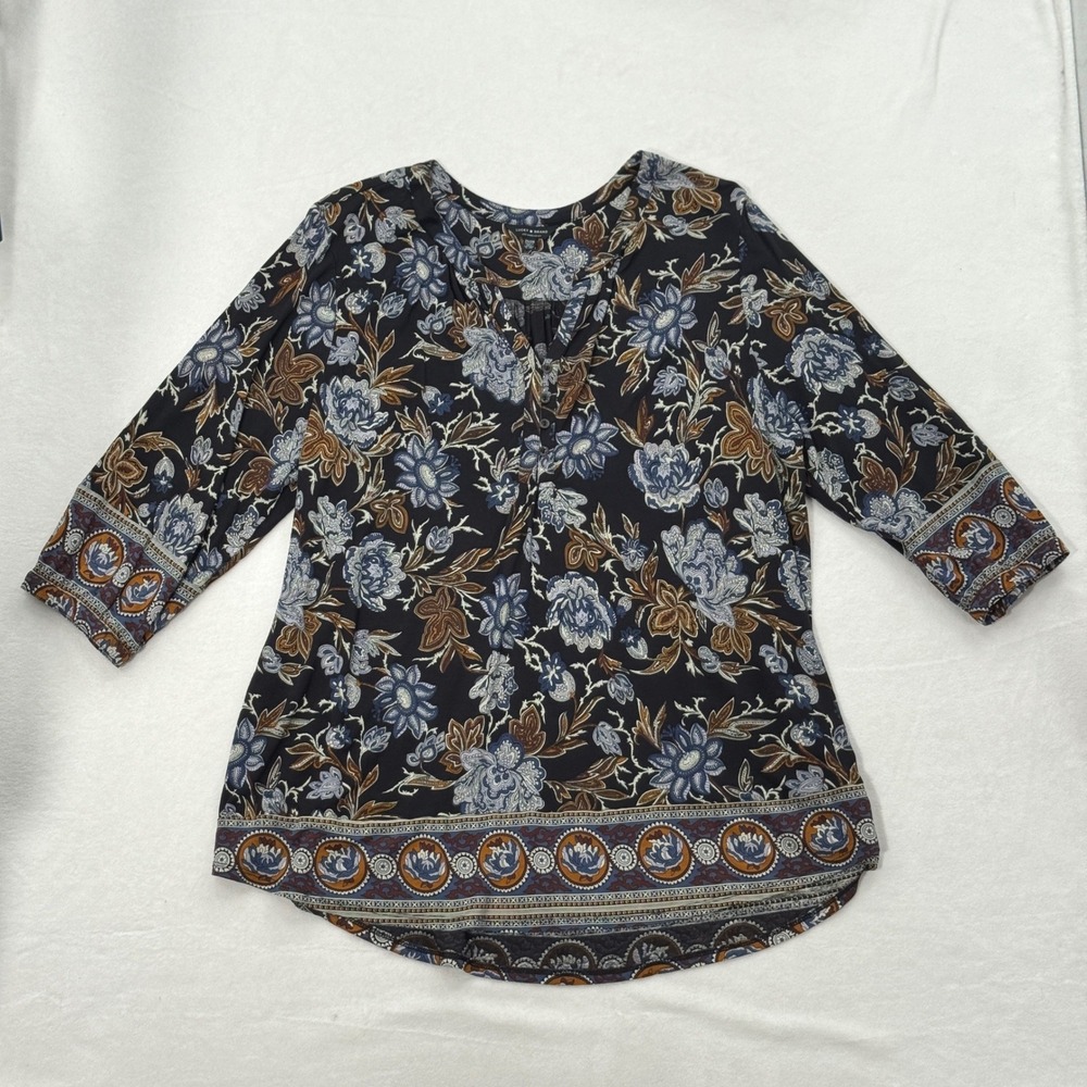 Lucky Brand Women's Plus Size Whimsigoth Boho Shirt 2X Black Multi Ballon Sleeve